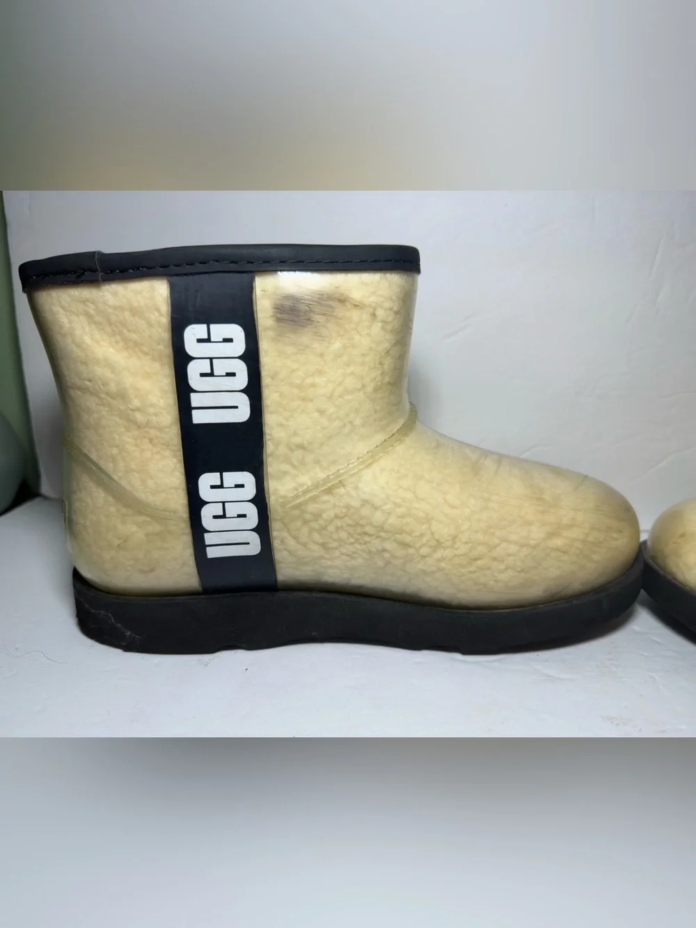 UGG Kids Girls Clear Mini II Natural Black Ankle Rain Booties Fleece Sz 3